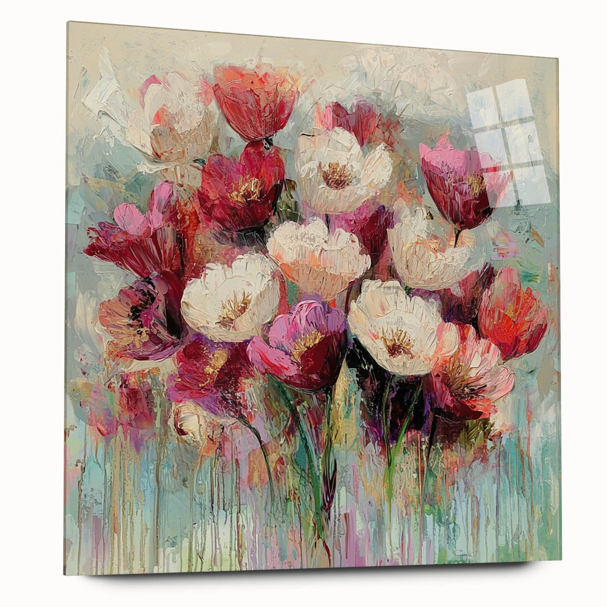 Abstract floral acrylic wall art design displayed in a side view, showcasing vibrant colors and intricate patterns, perfect for modern home decor.
