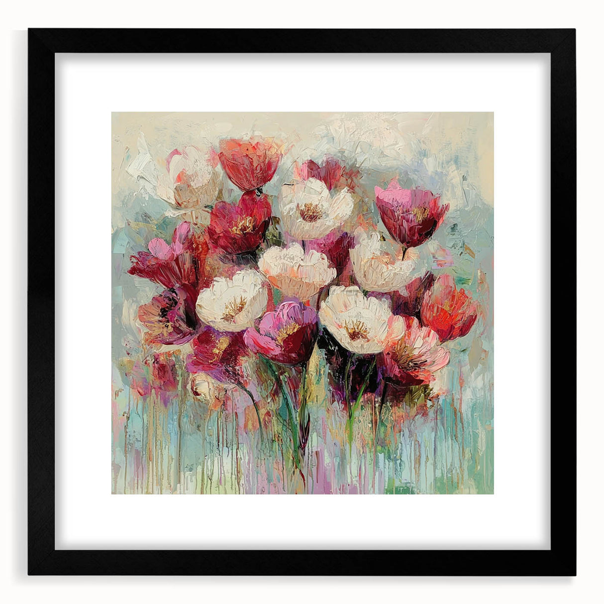 Abstract floral frame with a black mat, showcasing a vibrant arrangement of colorful flowers and intricate patterns, ideal for modern home decor.