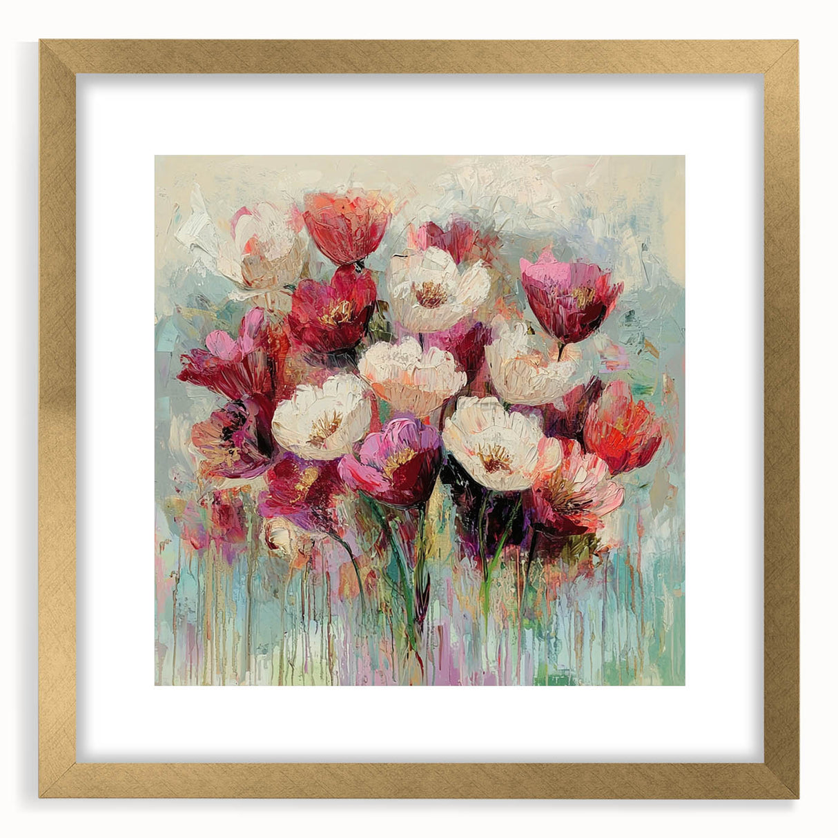 Abstract floral wall art framed in gold, showcasing vibrant colors and intricate designs, perfect for home decor. Features a chic mat for added elegance.