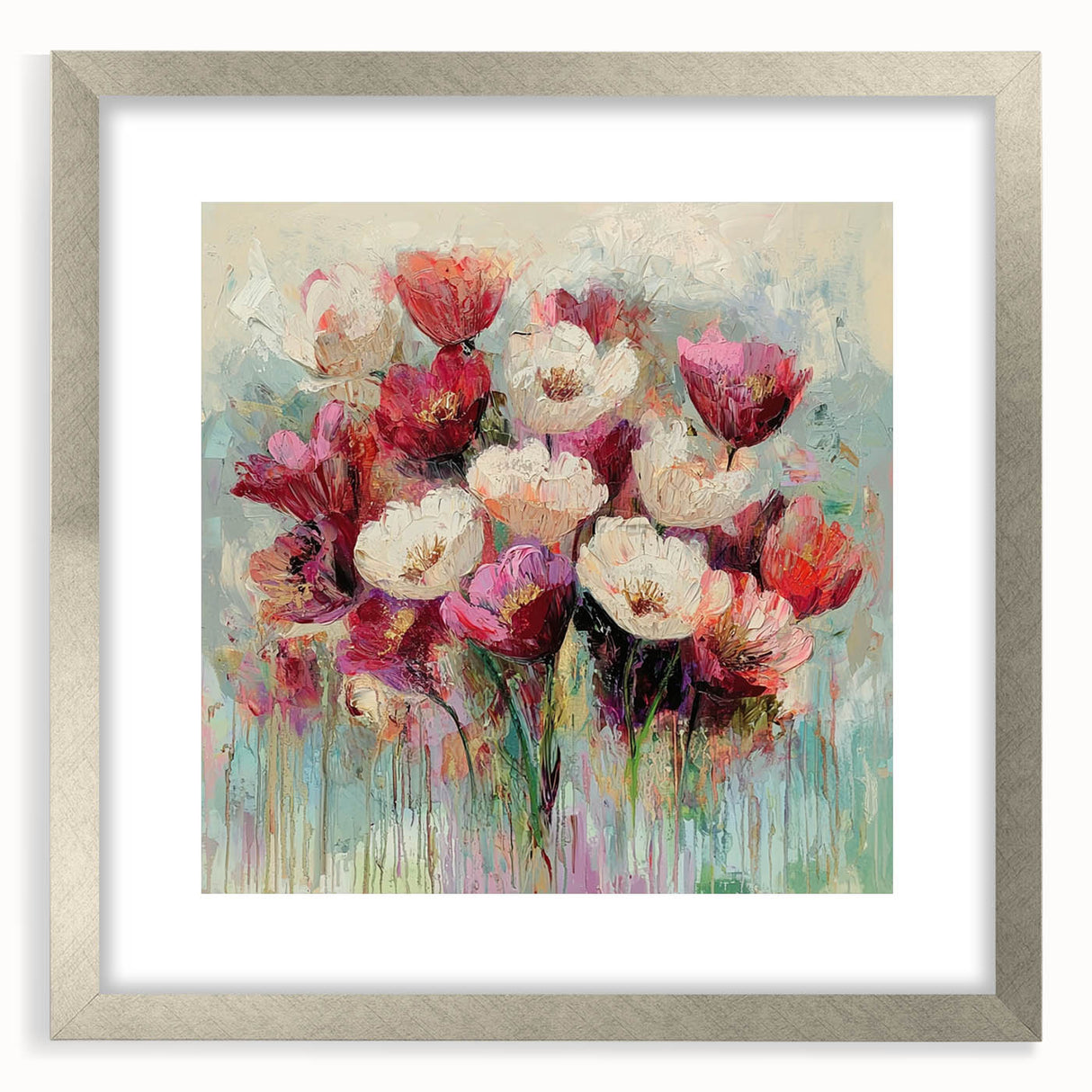 Abstract floral frame with a silver mat, showcasing intricate flower designs in vibrant colors, ideal for adding elegance to home decor.