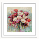 Abstract floral design framed in white mat, showcasing vibrant colors and intricate patterns, perfect for modern home decor or artistic display.