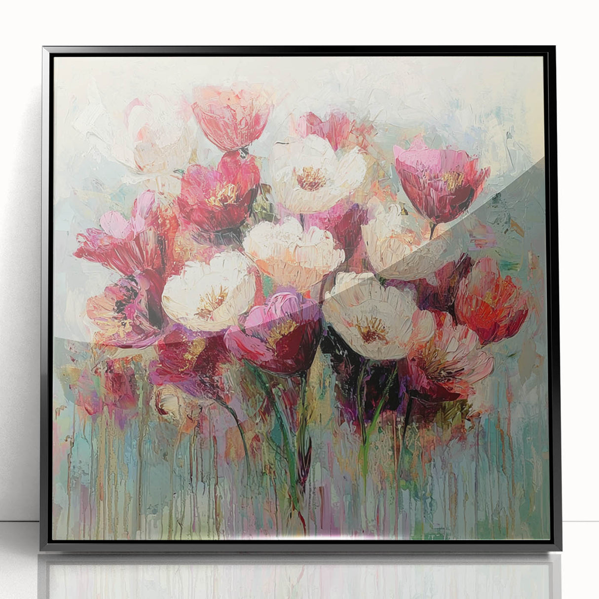 Framed acrylic artwork showcasing abstract floral design in vibrant colors, set against a sleek black frame, perfect for modern home decor accents.