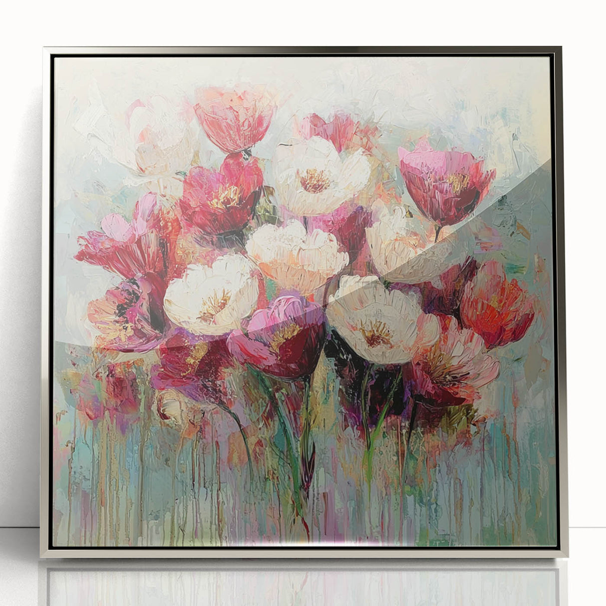 Framed acrylic artwork showcasing an abstract floral design in silver tones, ideal for modern home decor. Perfect for adding elegance to any living space.