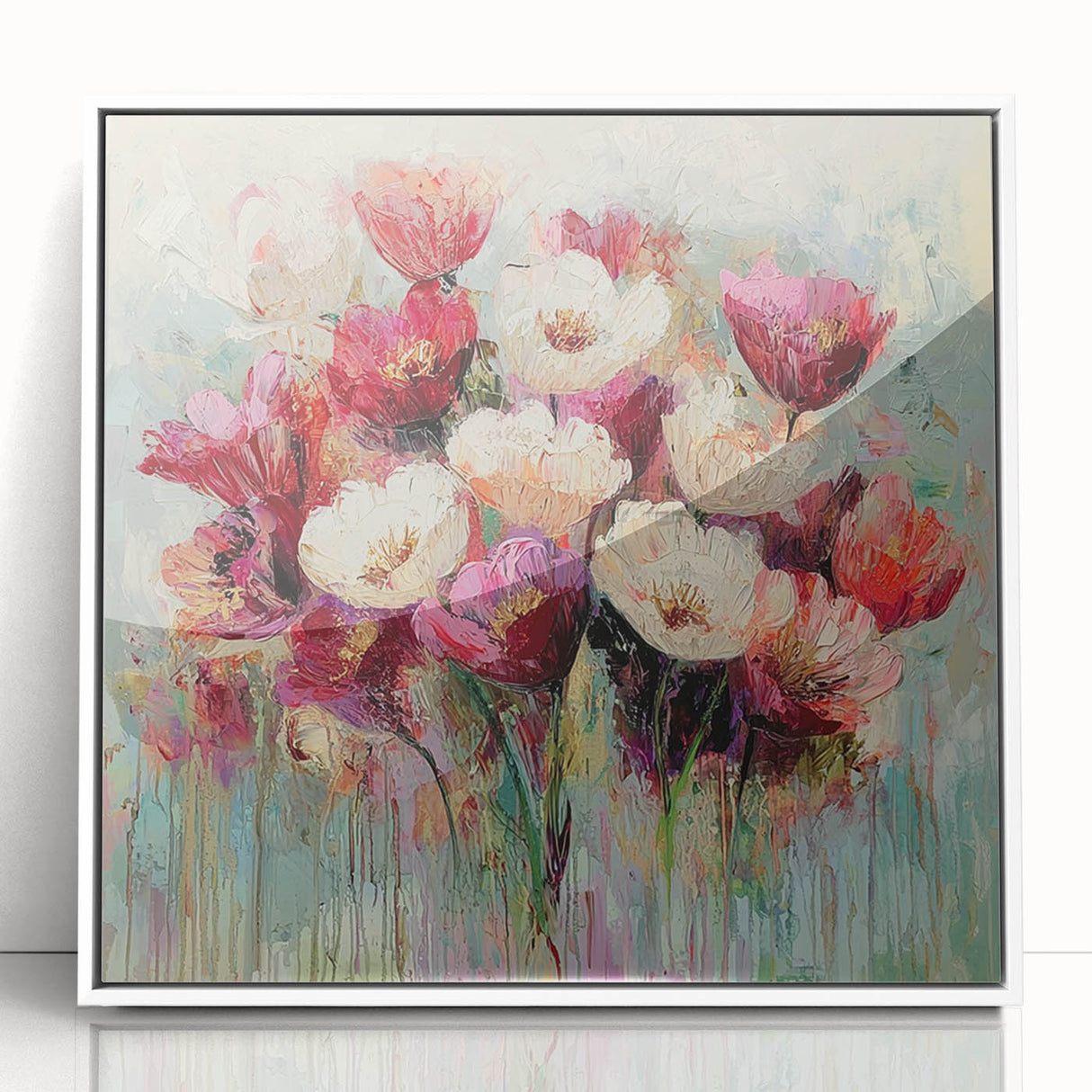 Framed acrylic artwork showcasing a vibrant abstract floral design in white and rich colors, perfect for modern home decor. Ideal for enhancing living spaces with a touch of elegance and creativity.
