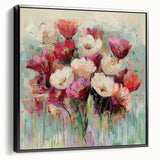 Framed canvas artwork showcasing vibrant abstract floral designs in rich colors, set against a sleek black frame, perfect for modern home decor.