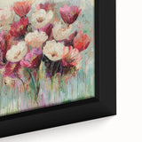 Close-up of a framed abstract floral canvas artwork showcasing vibrant colors and intricate details, perfect for modern home decor and art enthusiasts.