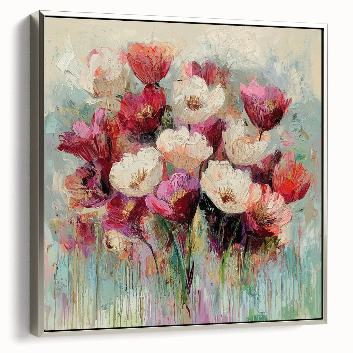 Framed canvas artwork displaying abstract floral designs in vibrant colors, showcased from a side view, featuring a sleek silver frame that enhances the modern aesthetic.