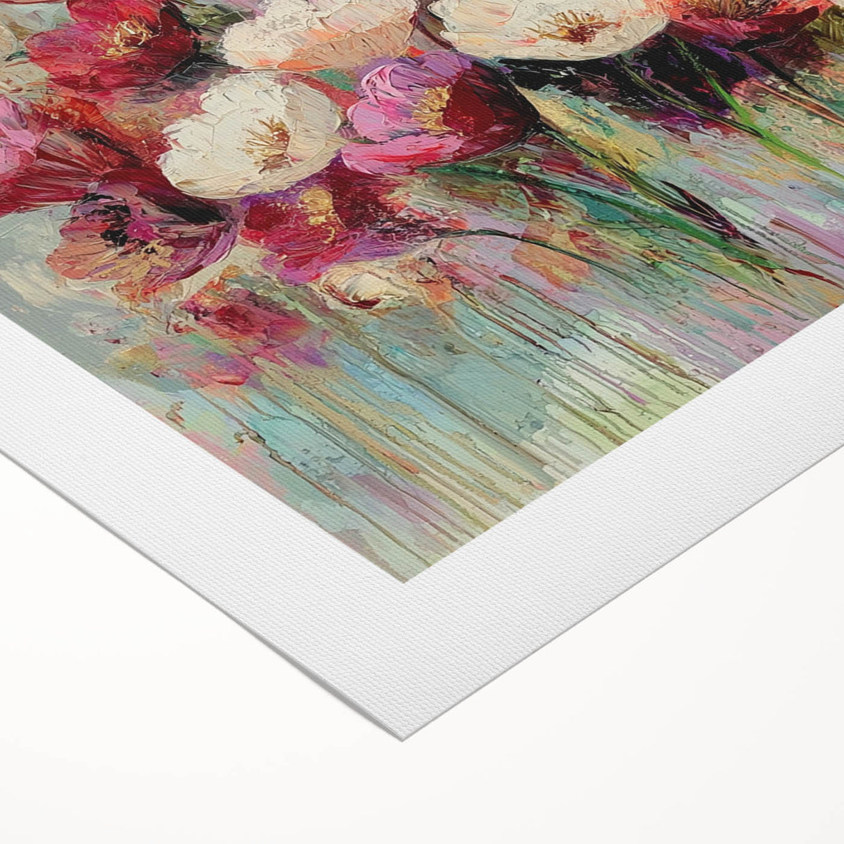 Abstract floral design on rolled canvas, showcasing vibrant colors and intricate patterns, ideal for contemporary home decor. Packaged securely in a cardboard tube for easy shipping and storage.