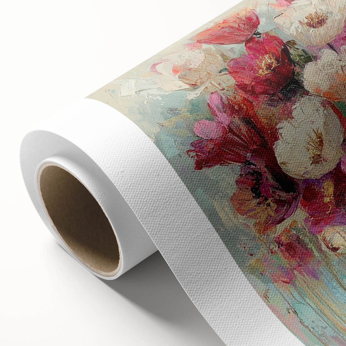 Abstract floral design on rolled canvas, showcasing vibrant colors and intricate patterns, perfect for home décor. Packaged securely in a sturdy cardboard tube.