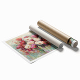 Abstract floral design rolled canvas print featuring vibrant colors in a modern artistic style, ideal for home decor. Packaged securely in a cardboard tube for safe delivery.