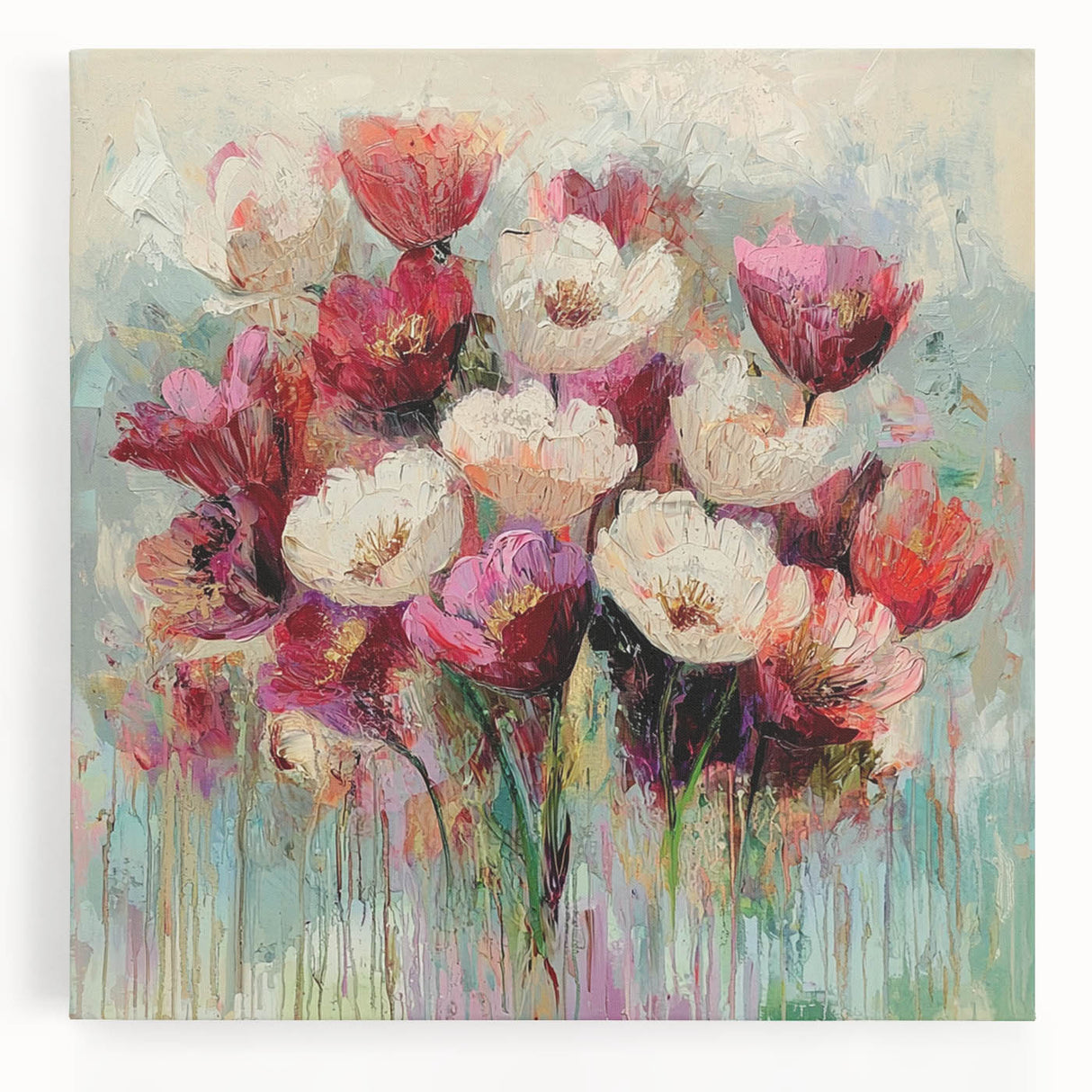 Vibrant abstract floral design on stretched canvas featuring bold colors of pink, green, and yellow, perfect for modern home decor or art enthusiasts.