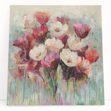 Abstract floral stretched canvas artwork featuring vibrant colors, intricate patterns, and a modern design, ideal for contemporary home decor and artistic spaces.