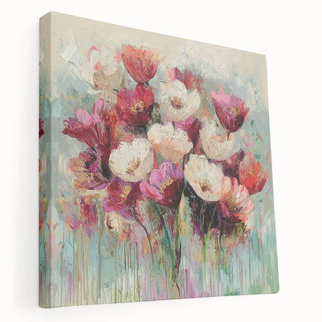 Abstract floral canvas artwork showcasing vibrant colors and intricate designs, displayed in a side view to highlight its stretched format and depth, perfect for modern home decor.