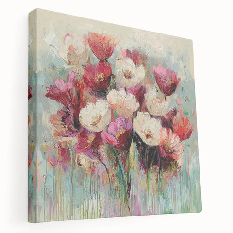 Abstract floral canvas artwork showcasing vibrant colors and intricate designs, displayed in a side view to highlight its stretched format and depth, perfect for modern home decor.