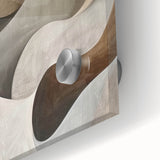 Close-up of an abstract minimalist wall art piece displayed on acrylic glass, featuring soft pastel colors and fluid shapes, perfect for modern home decor.