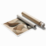 Abstract minimalist wall art print showcasing soft pastel colors and geometric shapes, elegantly rolled for shipping in a protective cardboard tube. Perfect for modern home decor.