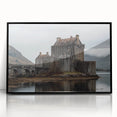 Framed acrylic landscape artwork showcasing a majestic castle surrounded by lush greenery, presented in a sleek black frame, perfect for home decor.