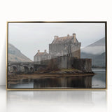 Framed acrylic artwork showcasing a picturesque landscape with a majestic castle, elegantly bordered in gold, ideal for home decor and art enthusiasts.