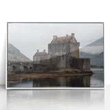 Framed acrylic artwork showcasing a picturesque landscape with a majestic castle, presented in a sleek white frame, ideal for home decor and art enthusiasts.