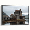 Landscape canvas art showcasing a majestic castle surrounded by lush greenery, framed in black, emphasizing a side view that highlights its elegant design.