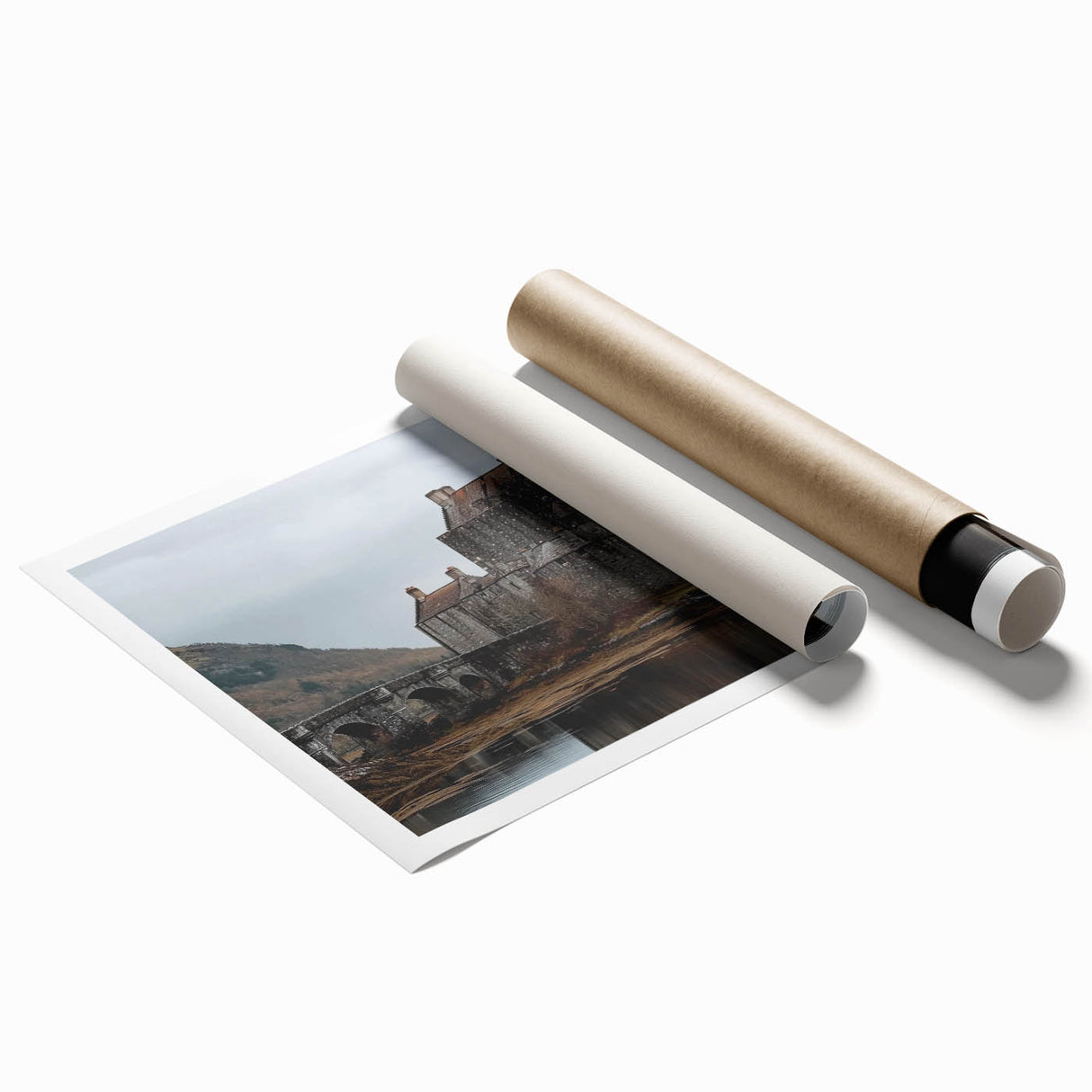 Rolled print showcasing a vibrant landscape design featuring a majestic castle surrounded by lush greenery and a serene sky, perfect for home decor.