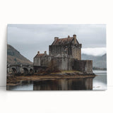 Stretched canvas artwork depicting a serene landscape with a majestic castle, surrounded by lush greenery and a clear blue sky, perfect for home decor.