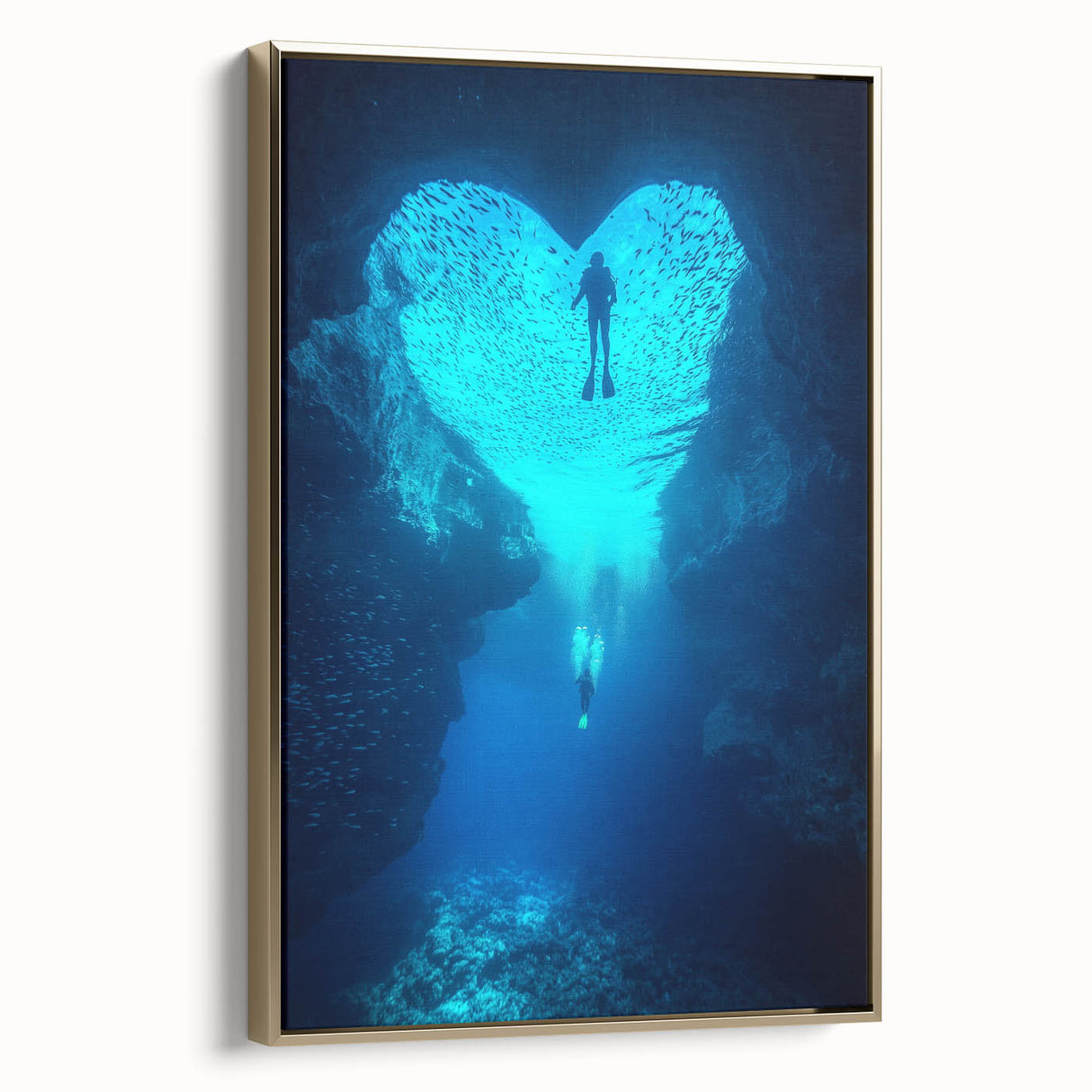 Framed canvas artwork showcasing a stunning cave landscape design with gold accents, positioned at a side view to highlight its elegant frame and vibrant colors.