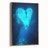 Framed canvas artwork showcasing a stunning cave landscape design with gold accents, positioned at a side view to highlight its elegant frame and vibrant colors.