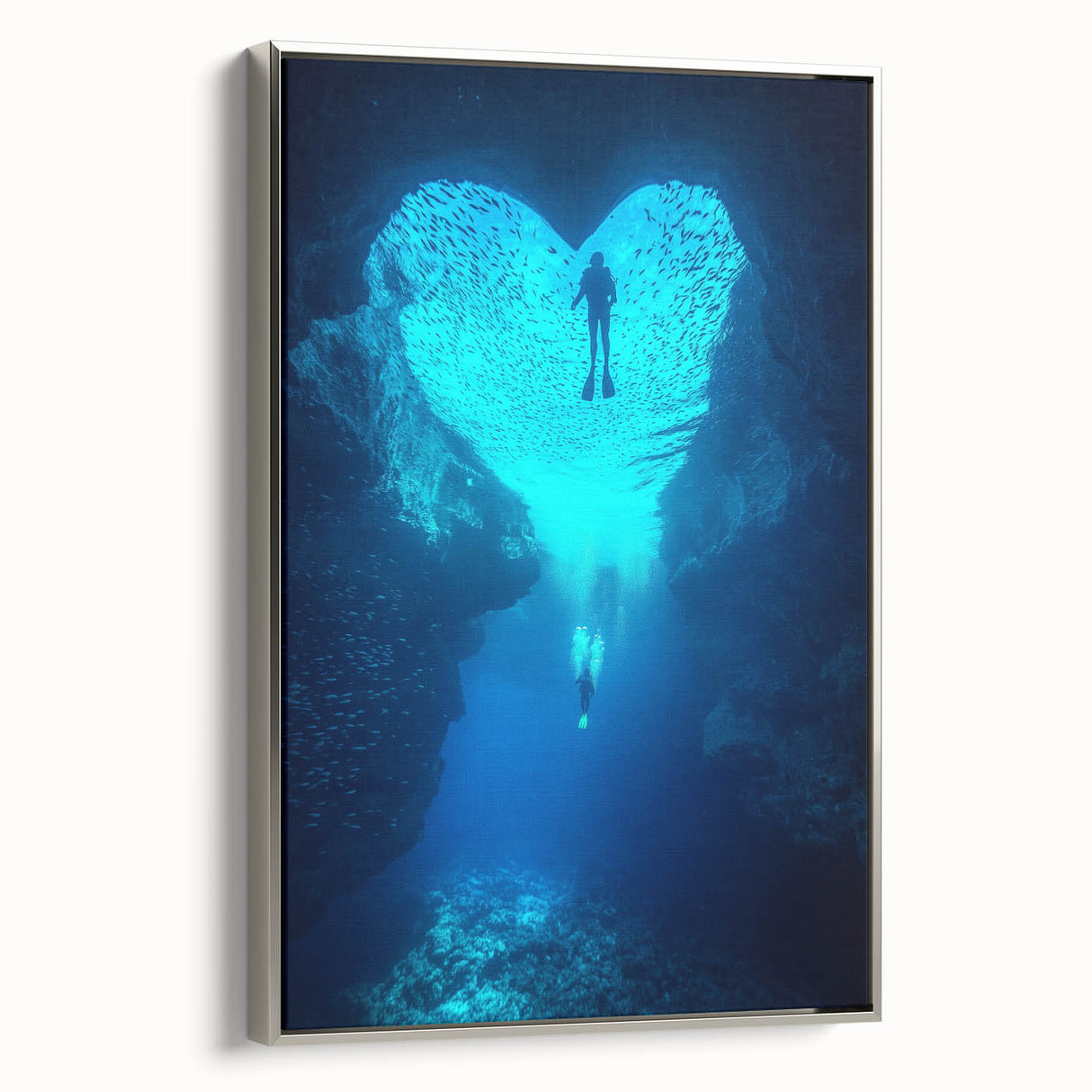 Framed canvas artwork showcasing a stunning cave landscape in rich earthy tones, accented with a sleek silver frame, perfect for modern home decor.