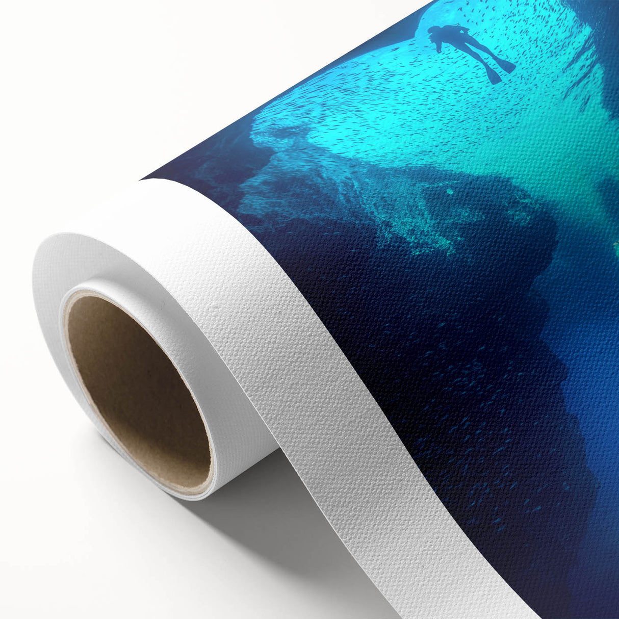 Vibrant rolled canvas artwork depicting a serene landscape with caves, showcasing rich colors and intricate details, ideal for home decor enthusiasts.
