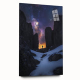 Acrylic landscape artwork showcasing dramatic cliffs and vibrant colors, displayed in a sleek glass frame without visible pins, perfect for modern home decor.