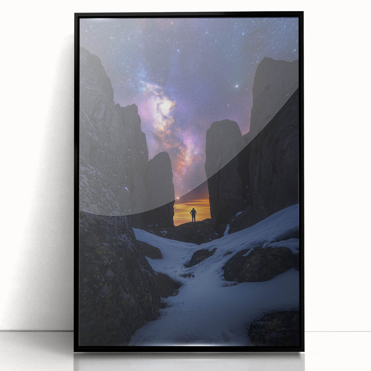 Framed acrylic artwork showcasing stunning cliffs and landscapes in vibrant colors, with a sleek black frame enhancing its modern aesthetic. Perfect for home decor.