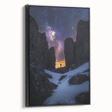 Framed canvas art depicting a stunning landscape of rugged cliffs, showcased from a black side view, perfect for home decor enthusiasts seeking nature-inspired wall art.