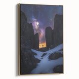 Framed canvas artwork showcasing a scenic landscape of majestic cliffs, presented in a gold frame, ideal for enhancing home decor with nature-inspired elegance.