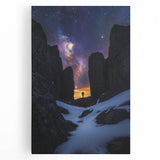 Vibrant stretched canvas artwork depicting a picturesque cliff landscape with dramatic rock formations and lush greenery, perfect for home decor.