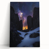 Stretched canvas artwork depicting a stunning landscape of dramatic cliffs under a vibrant sky, perfect for enhancing modern home decor or office spaces.