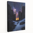Stretched canvas artwork depicting dramatic cliffs against a vibrant sunset sky, showcasing rich colors and textures, perfect for enhancing any living space.