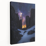 Stretched canvas artwork depicting dramatic cliffs against a vibrant sunset sky, showcasing rich colors and textures, perfect for enhancing any living space.