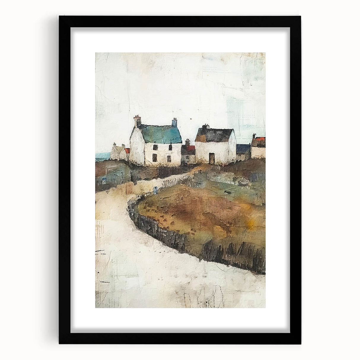 Abstract architecture wall art framed in black, featuring geometric shapes and soft neutral tones, perfect for modern home decor and enhancing artistic spaces.
