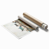 Abstract architectural wall art print showcasing geometric shapes in muted tones of gray and beige, rolled for easy shipping and display, ideal for modern decor.