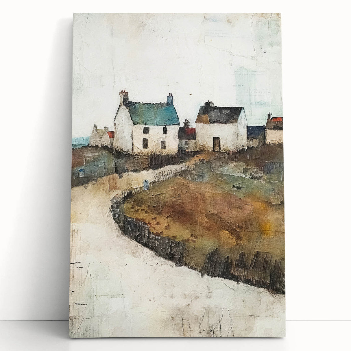 Abstract architectural wall art on stretched canvas, showcasing geometric shapes in vibrant colors, leaning against a modern interior wall for a stylish decor accent.