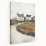 Abstract architectural wall art on stretched canvas, showcasing geometric shapes in a vibrant color palette of blue, orange, and gray, perfect for modern decor.