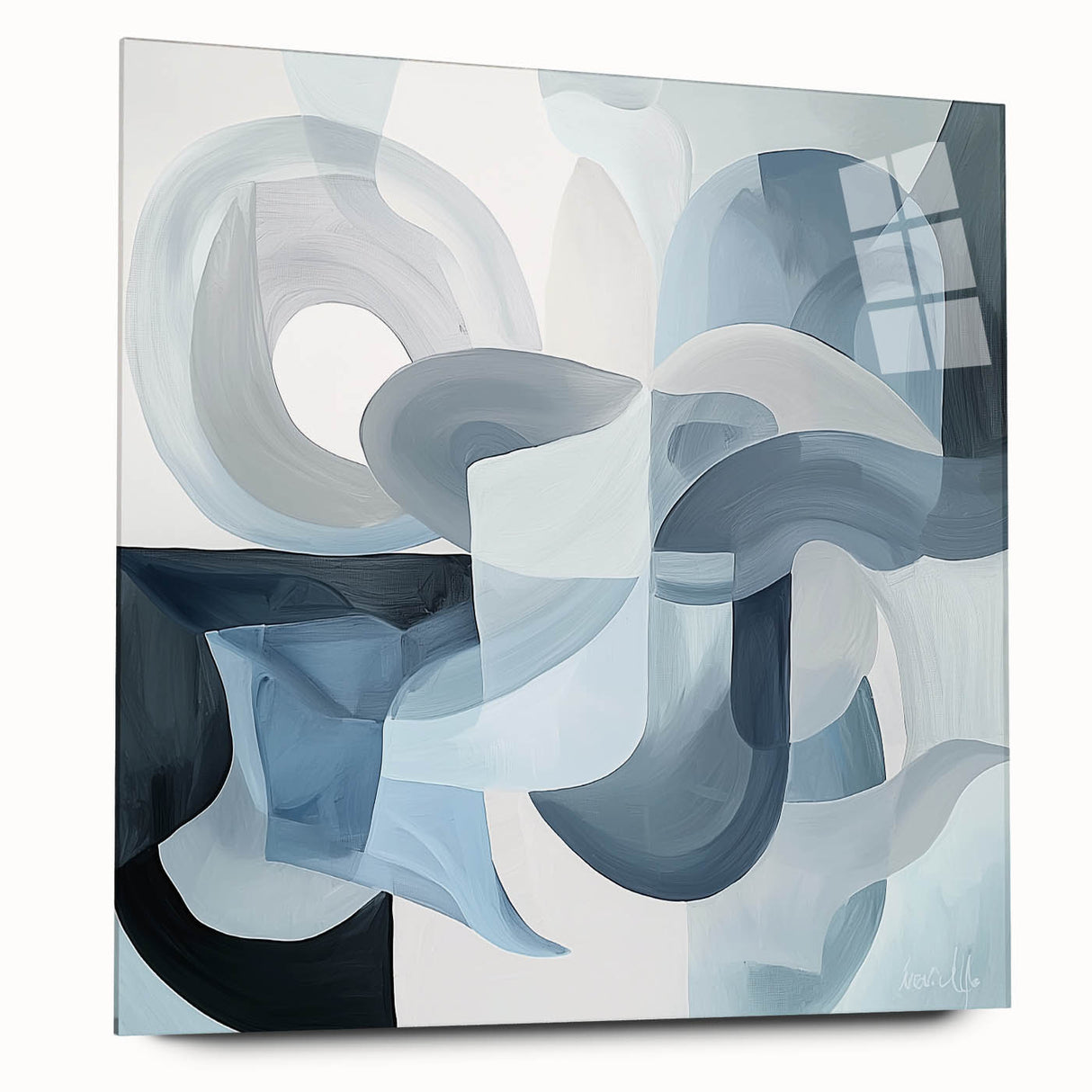 Abstract geometric acrylic glass artwork showcasing vibrant colors and modern design, viewed from the side, highlighting its sleek edges and clarity. Ideal for contemporary decor.