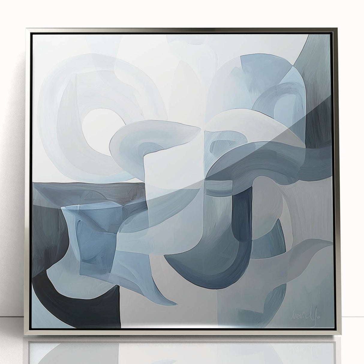 Framed abstract geometric art piece in silver, showcasing intricate shapes and lines, ideal for modern decor. Perfect for adding a contemporary touch to any space.