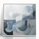 Abstract geometric framed acrylic artwork showcasing a modern white design with sharp angles and soft curves, perfect for contemporary home decor.