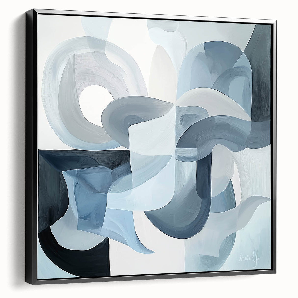 Black geometric framed canvas artwork showcasing an abstract design, viewed from the side to highlight its sleek profile and modern aesthetic, perfect for contemporary decor.