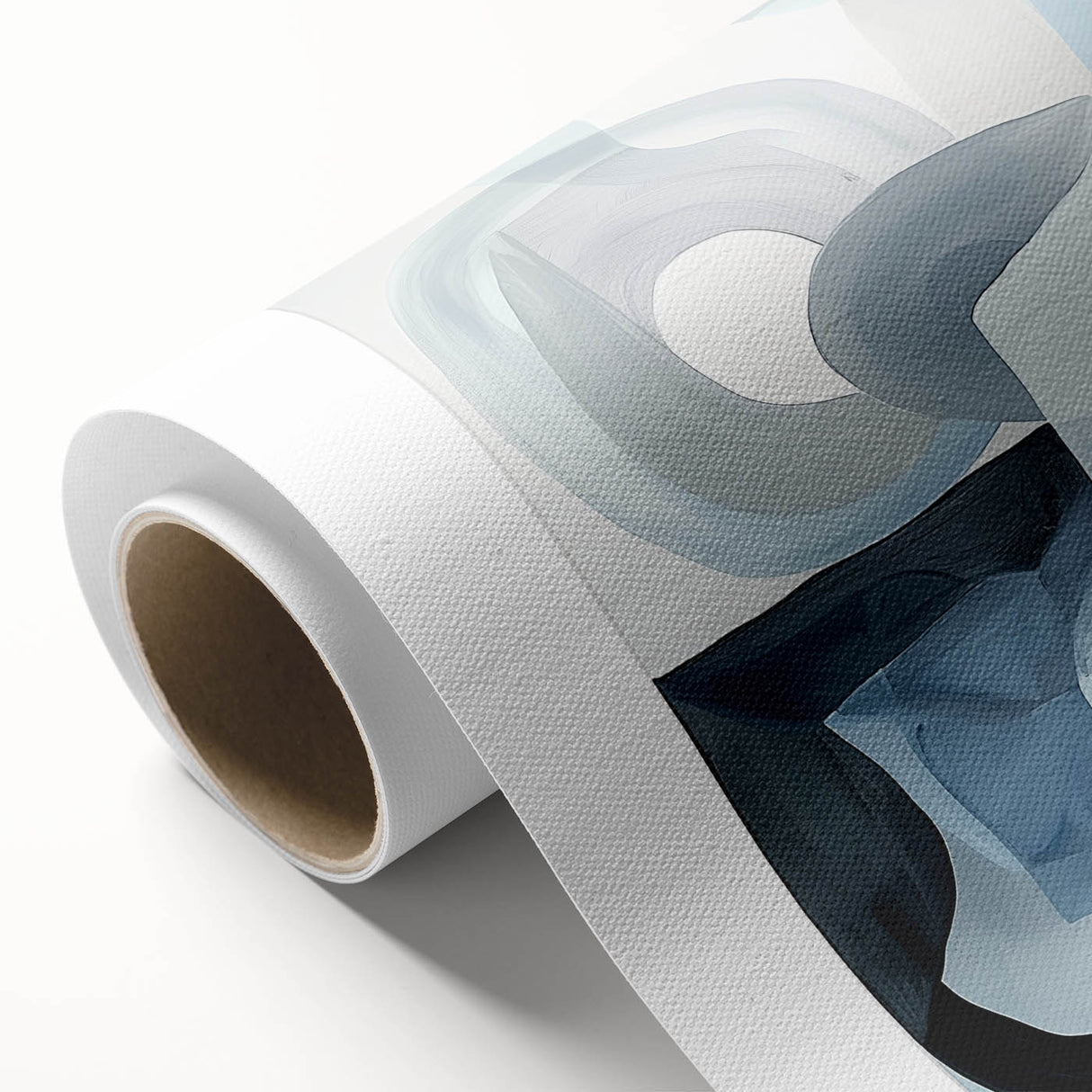 Abstract geometric rolled canvas artwork showcasing vibrant colors and intricate shapes, elegantly packaged in a protective cardboard tube, ideal for modern home decor.