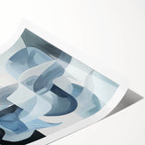 Abstract geometric rolled print featuring vibrant shades of blue, orange, and yellow, showcasing intricate shapes and patterns, perfect for modern home decor.