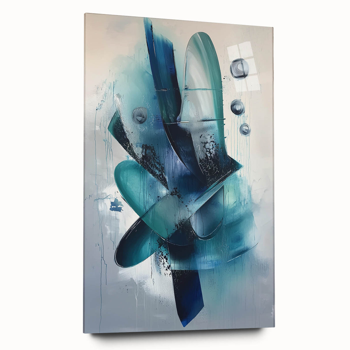 Abstract acrylic glass artwork showcasing vibrant splatters in a dynamic composition. The piece features a side view without pins, emphasizing its modern design and glossy finish, perfect for contemporary decor. The colorful splatters create an energetic atmosphere, making it an ideal choice for artistic spaces.