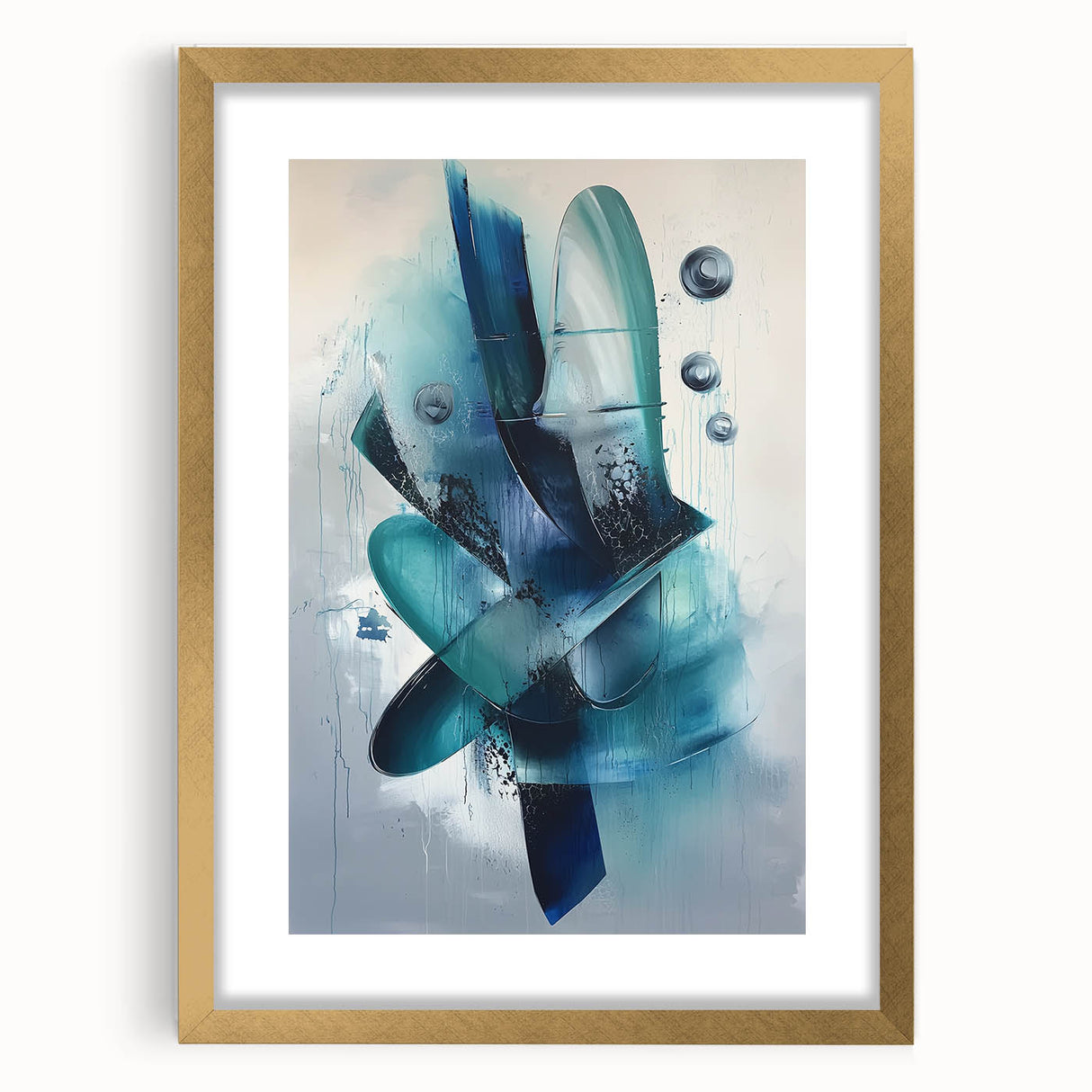 Elegant gold-framed abstract art print showcasing colorful splatter designs, set against a white mat background, ideal for modern home decor or office aesthetics.
